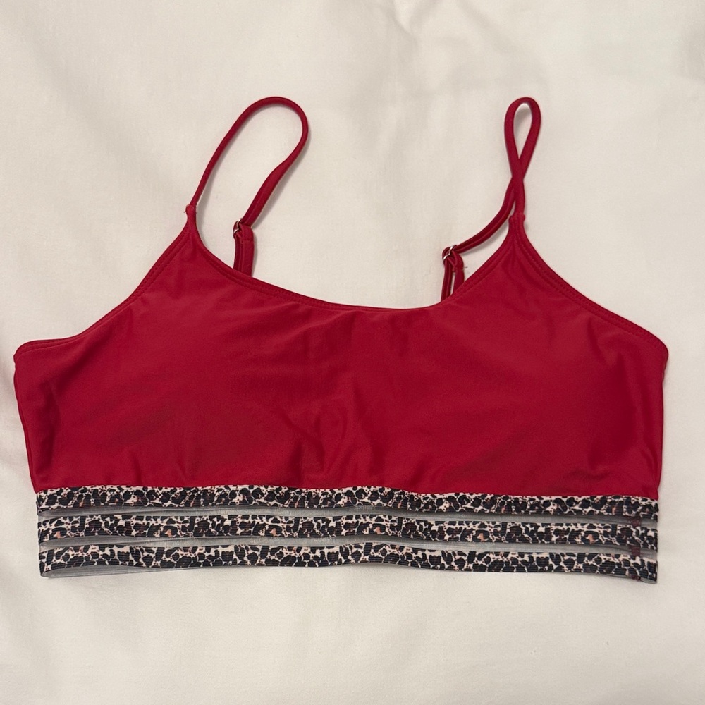 Red Women's Swim Top with Leopard Trim